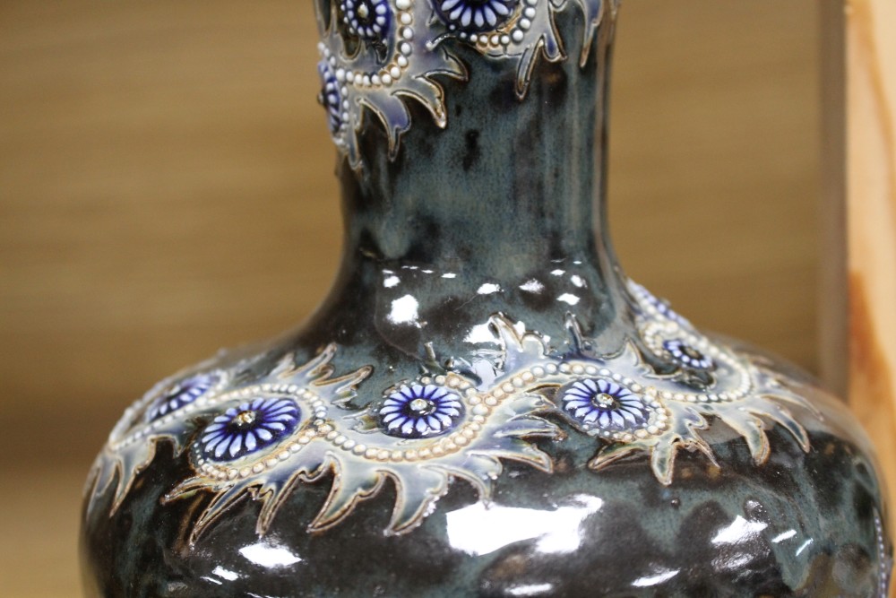 George Tinworth for Doulton Lambeth, a Persian shape bottle vase, dated 1880,